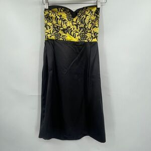 Grace Sun Black Yellow Faux Lace Strapless Zip Silk Mini Dress Size 2